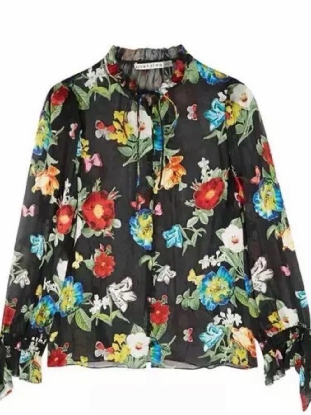 Alice + Olivia Julius Floral Devoré Chiffon Blouse Ruffle Tie Cuff | Size M/8 - Picture 6 of 10